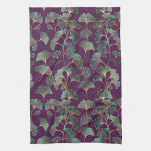 Luxury Tael Ginkgo Leaves on Deep Purple Tea Towel
