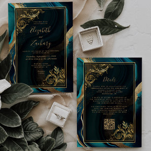 Luxury Teal Agate Gold Frame QR Code Wedding Invitation
