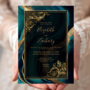 Luxury Teal Agate Gold Frame Wedding Invitation