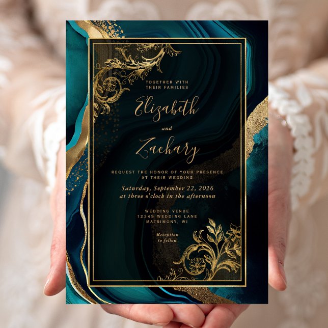 Luxury Teal Agate Gold Frame Wedding Invitation (Creator Uploaded)