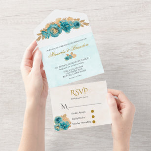 Luxury Teal and Creamy Gold Roses Wedding All In One Invitation