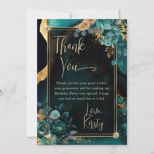 Luxury Teal and Gold Floral Agate Birthday Party Thank You Card (Front)