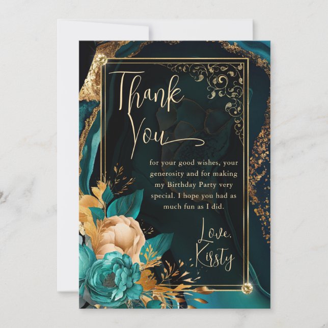 Luxury Teal and Gold Floral Agate Birthday Party Thank You Card (Front)