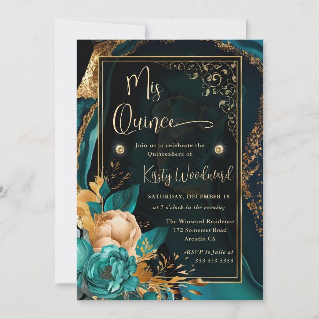 Luxury Teal and Gold Floral Agate Quinceanera Invitation (Front)