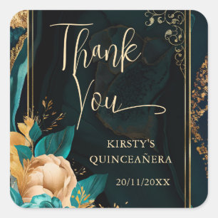 Luxury Teal and Gold Floral Agate Quinceanera Square Sticker