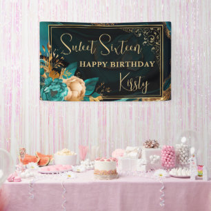 Luxury Teal and Gold Floral Agate Sweet 16 Welcome Banner