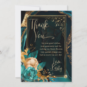 Luxury Teal and Gold Floral Agate Sweet Sixteen Thank You Card