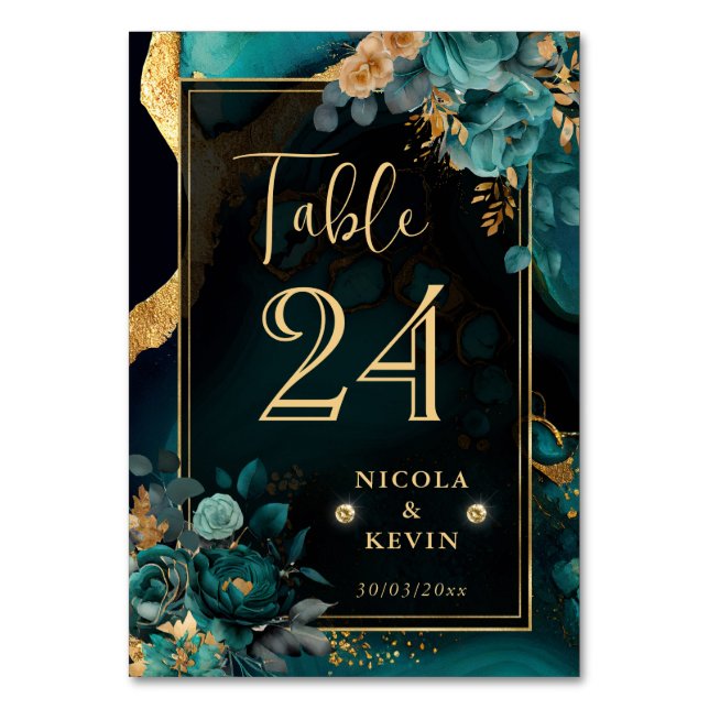 Luxury Teal and Gold Floral Agate Wedding Table Number (Front)