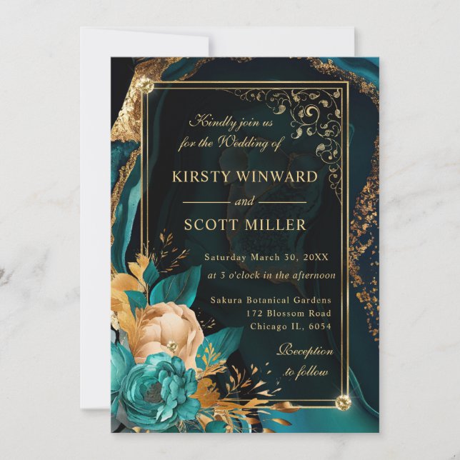 Luxury Teal and Gold Floral Rose Agate Wedding Invitation (Front)