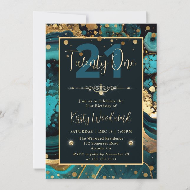 Luxury Teal and Gold Foil Agate Birthday Party Invitation (Front)
