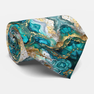 Luxury Teal and Gold Marble Fluid Art Pattern Tie