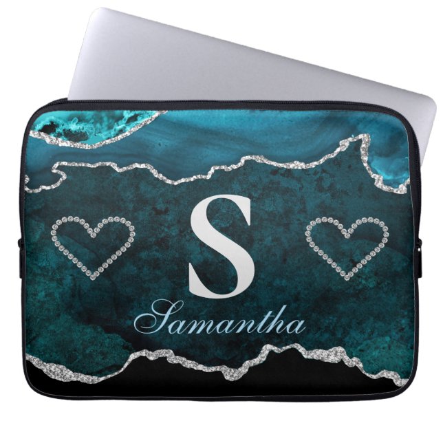 Luxury Teal and Silver Glitter Agate Pattern Laptop Sleeve (Front)