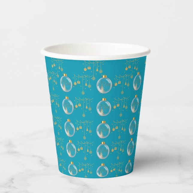 Luxury Teal Blue and Gold Bauble Christmas Paper Cups (Front)
