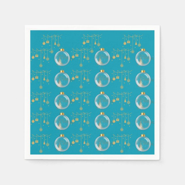 Luxury Teal Blue & Gold Bauble Christmas Napkin (Front)