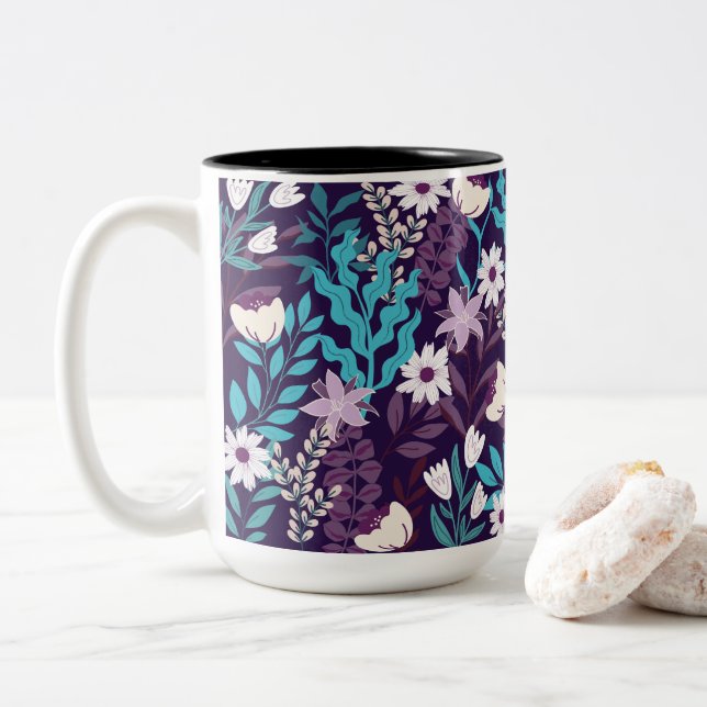 Luxury Teal & Burgundy Floral Two-Tone Coffee Mug (With Donut)