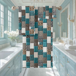 Luxury Teal Glitter African Animal Print Towel Set