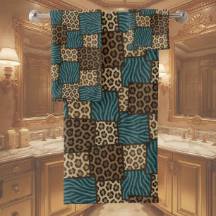 Luxury Teal Glitter African Animal Print Towel Set