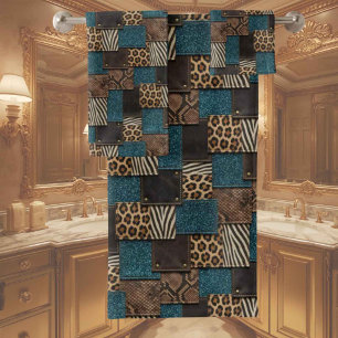 Luxury Teal Glitter African Animal Print Towel Set