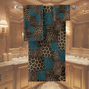 Luxury Teal Glitter African Animal Print Towel Set
