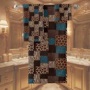 Luxury Teal Glitter African Animal Print Towel Set