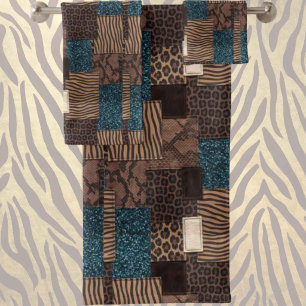 Luxury Teal Glitter African Animal Print Towel Set