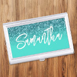 Luxury Teal Glitter Turquoise Ombre Personalised Business Card Holder<br><div class="desc">Girly glam business card holder for her featuring a luxury faux teal glitter with sparkle. Customise the turquoise background colour to create your own personalised design. The name features a white modern handwritten lettering brush script calligraphy style. Customise the font colour, size and style in this text design. You will...</div>
