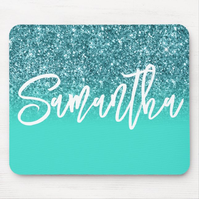 Luxury Teal Glitter Turquoise Ombre Personalised Mouse Mat (Front)