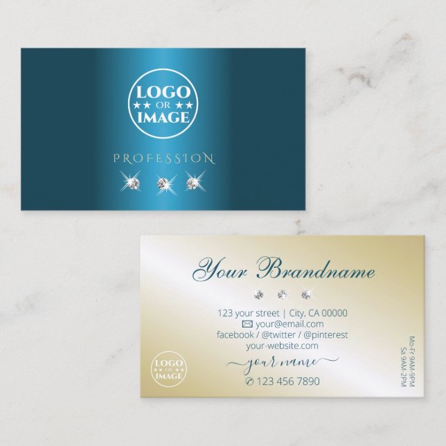 Luxury Teal Gold Beige Sparkling Diamonds Add Logo Business Card (Front/Back)
