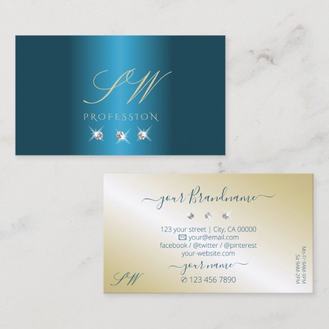 Luxury Teal Gold Beige Sparkling Diamonds Initials Business Card (Front/Back)