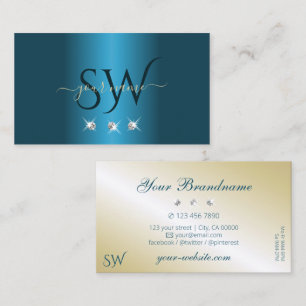 Luxury Teal Gold Beige Sparkling Diamonds Monogram Business Card