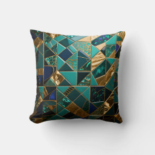 Luxury Teal Gold Geometric Mosaic Pattern Cushion