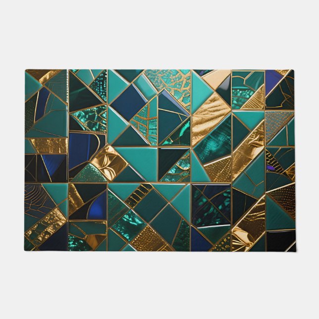 Luxury Teal Gold Geometric Mosaic Pattern Doormat (Front)
