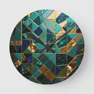 Luxury Teal Gold Geometric Mosaic Pattern Round Clock
