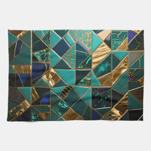 Luxury Teal Gold Geometric Mosaic Pattern Tea Towel