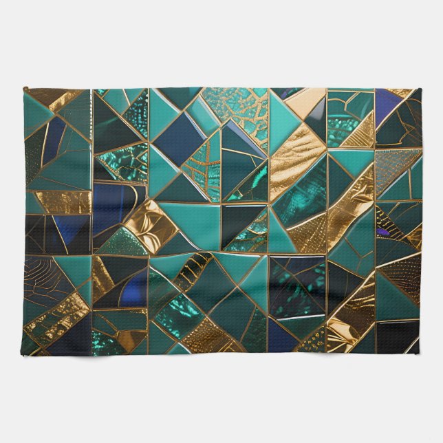 Luxury Teal Gold Geometric Mosaic Pattern Tea Towel (Horizontal)