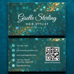 Luxury Teal Gold Glitter Hair Stylist QR Code Business Card