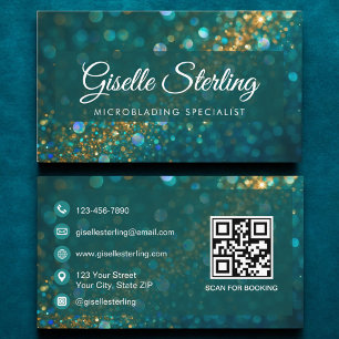 Luxury Teal Gold Glitter Microblading QR Code Business Card