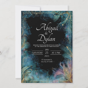 Luxury Teal Gold Leaf Celestial Frame Wedding Invitation