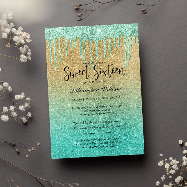 Luxury teal gold ombre glitter drips Sweet 16  Invitation (Luxury teal gold ombre glitter drips Sweet 16 )
