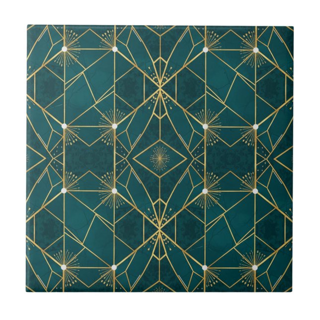 Luxury Teal & Gold Symmetrical Geometric Seamless  Tile (Front)