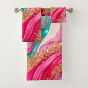 Luxury Teal Pink Gold Glitter Bath Towel Set