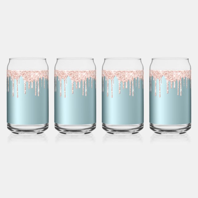 Luxury teal rose gold glitter drips Drinkware Set Can Glass (Front)