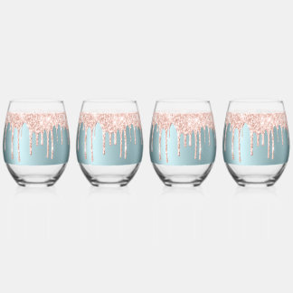 Luxury teal rose gold glitter drips Drinkware Set Stemless Wine Glass