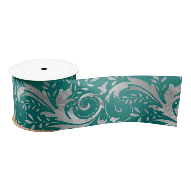 Luxury Teal Silver Foil Ornate Floral Pattern Satin Ribbon (Spool)
