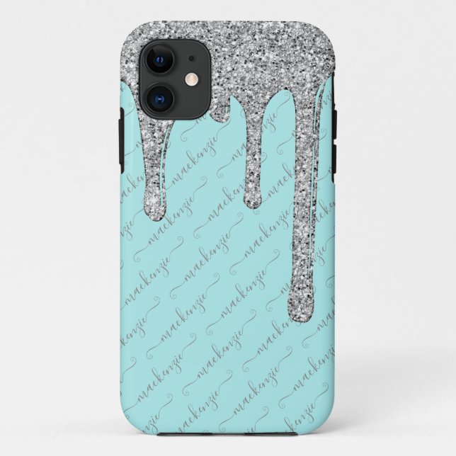 Luxury Teal Silver Glitter Drips Script Name Case-Mate iPhone Case (Back)