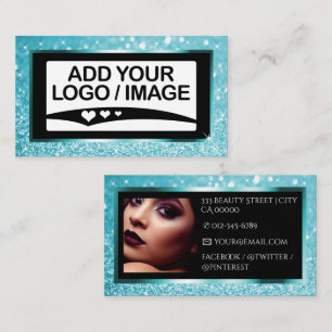 Luxury Teal Sparkling Glitter Frame Logo and Photo Business Card