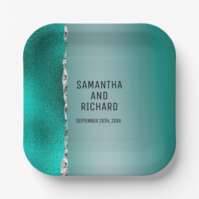 Luxury Teal Turquoise Silver Glitter Paper Plate (Front)