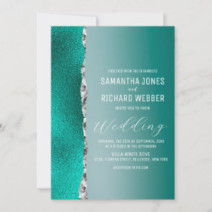 Luxury Teal Turquoise Silver Glitter Wedding Invitation