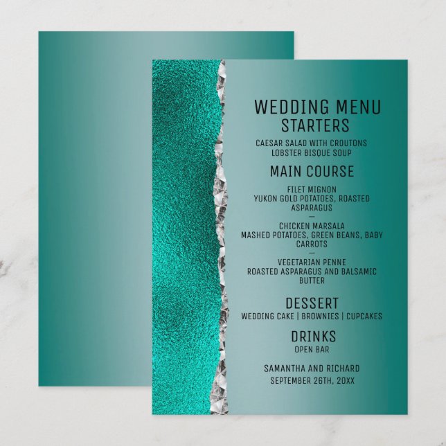 Luxury Teal Turquoise Silver Glitter Wedding Menu (Front/Back)