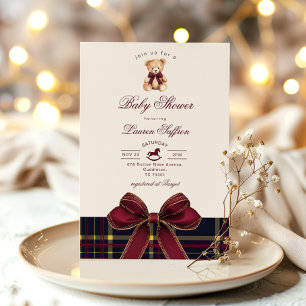 Luxury Teddy Bear Wine Red plaid Baby shower Invitation